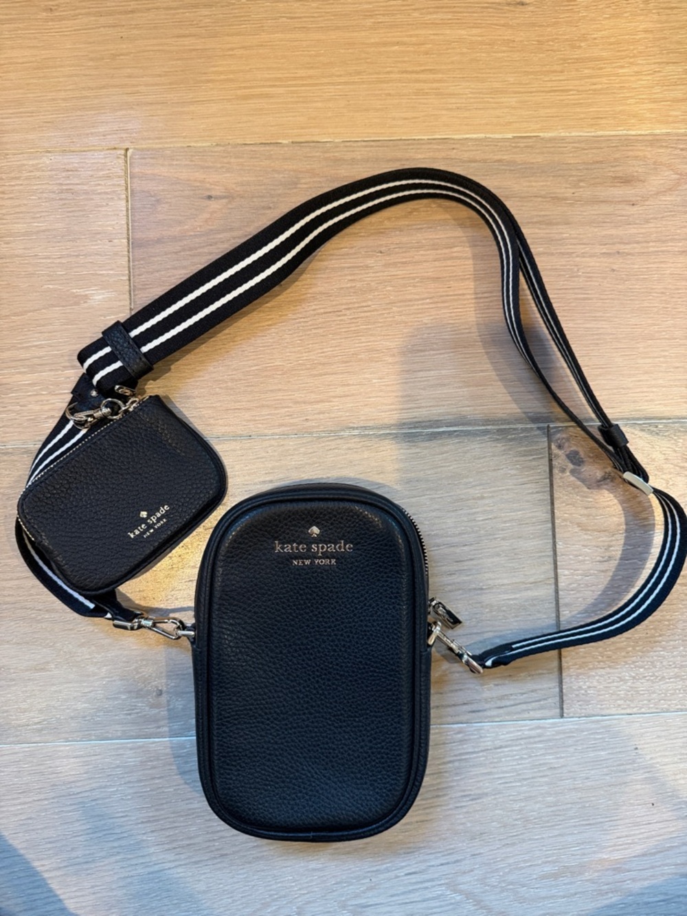kate spade Black Pebbled Leather Dual-Pouch Belt Bag with Striped Strap